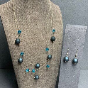 Triple-Strand Necklace 18 In Dangle Earrings Translucent Turquoise Frosty Teal